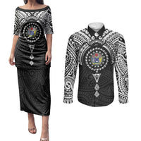 Cook Islands Manta Ray Couples Matching Puletasi and Long Sleeve Button Shirt Kuki Airani Tattoo Black Color LT14 Black - Polynesian Pride