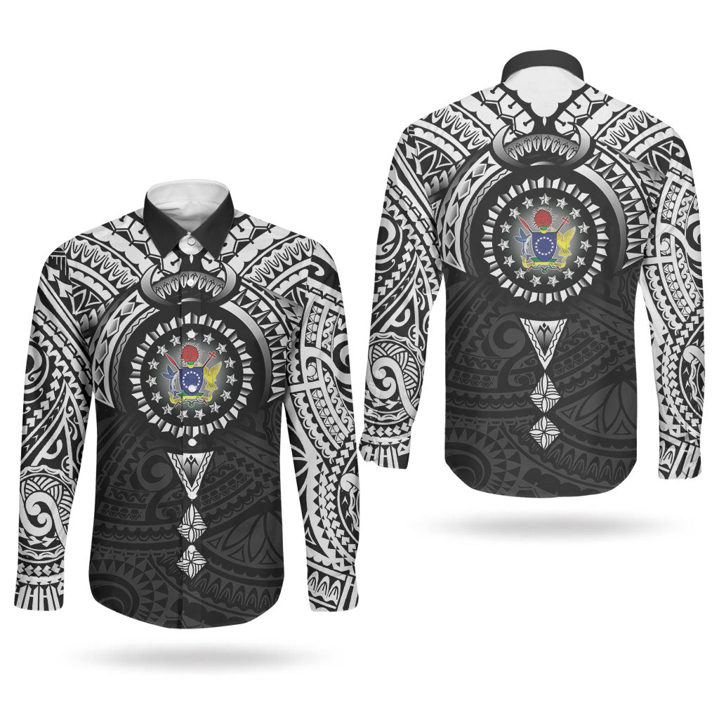 Cook Islands Manta Ray Couples Matching Puletasi and Long Sleeve Button Shirt Kuki Airani Tattoo Black Color LT14 - Polynesian Pride