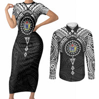 Cook Islands Manta Ray Couples Matching Short Sleeve Bodycon Dress and Long Sleeve Button Shirt Kuki Airani Tattoo Black Color LT14 Black - Polynesian Pride