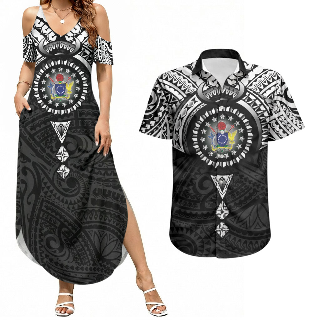 Cook Islands Manta Ray Couples Matching Summer Maxi Dress and Hawaiian Shirt Kuki Airani Tattoo Black Color LT14 Black - Polynesian Pride