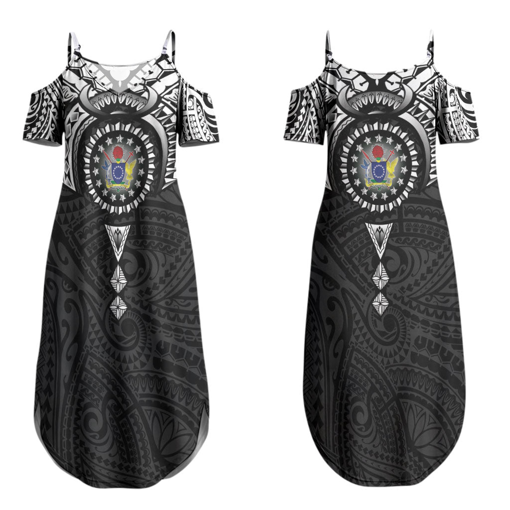 Cook Islands Manta Ray Couples Matching Summer Maxi Dress and Hawaiian Shirt Kuki Airani Tattoo Black Color LT14 - Polynesian Pride