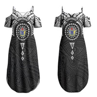 Cook Islands Manta Ray Couples Matching Summer Maxi Dress and Long Sleeve Button Shirt Kuki Airani Tattoo Black Color LT14 - Polynesian Pride