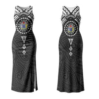 Cook Islands Manta Ray Couples Matching Tank Maxi Dress and Long Sleeve Button Shirt Kuki Airani Tattoo Black Color LT14 - Polynesian Pride