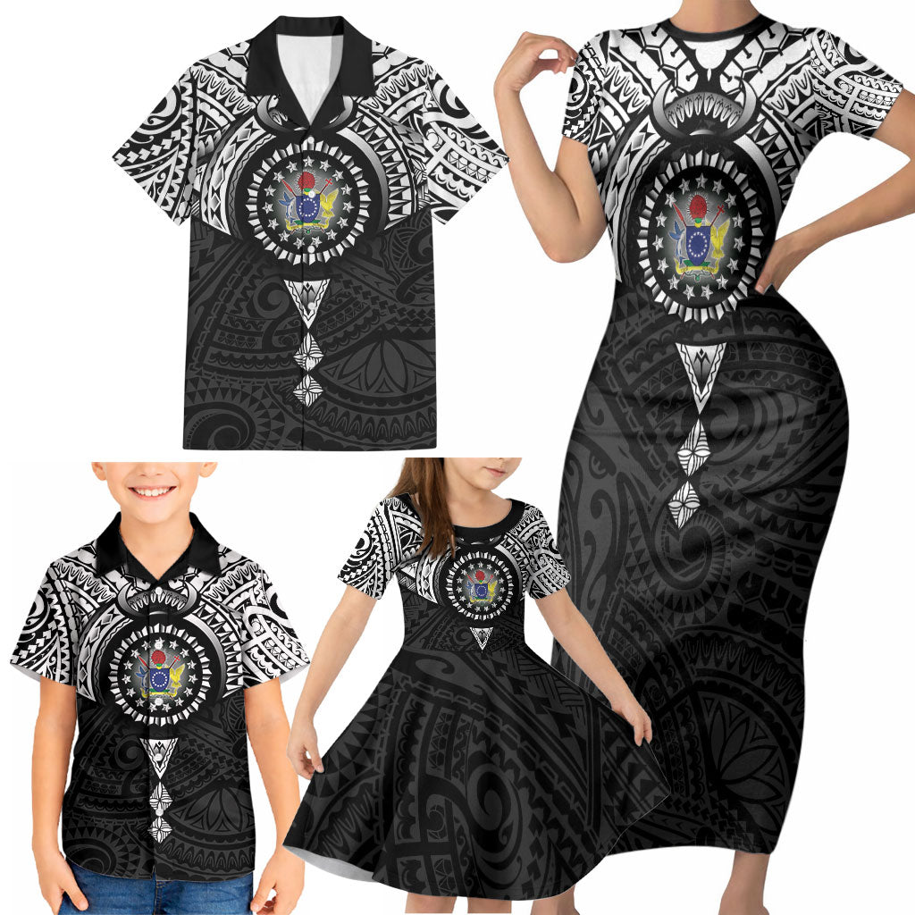 Cook Islands Manta Ray Family Matching Short Sleeve Bodycon Dress and Hawaiian Shirt Kuki Airani Tattoo Black Color LT14 - Polynesian Pride