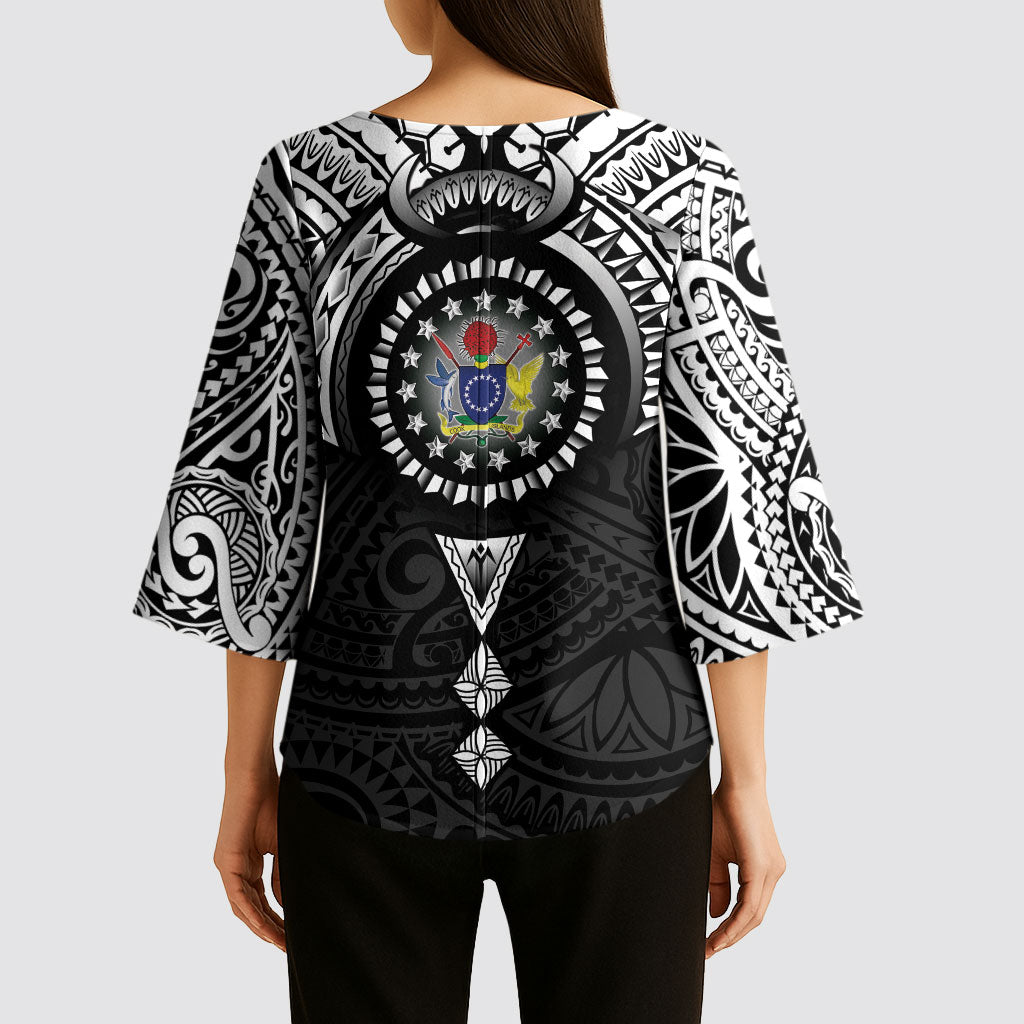 Cook Islands Manta Ray Kimono Sleeve Blouse Kuki Airani Tattoo Black Color LT14 - Polynesian Pride