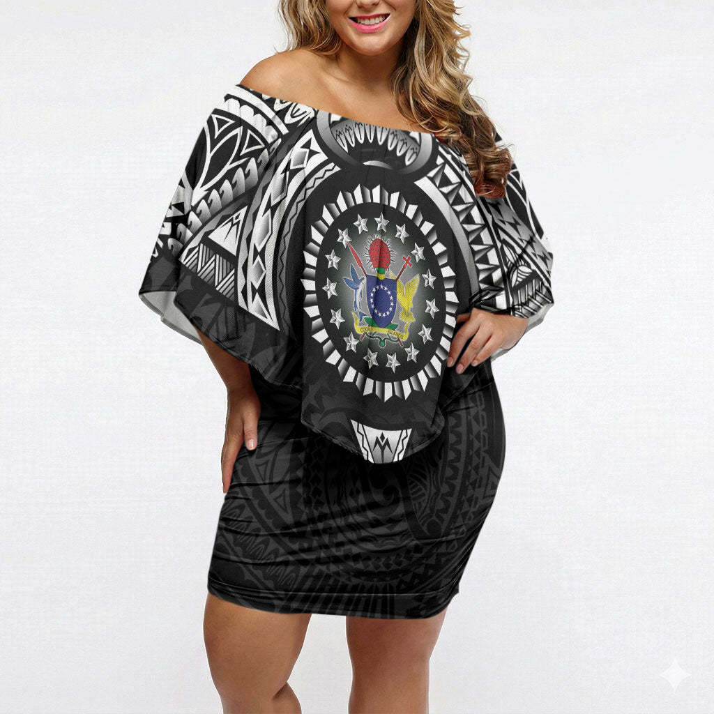 Cook Islands Manta Ray Off Shoulder Short Dress Kuki Airani Tattoo Black Color