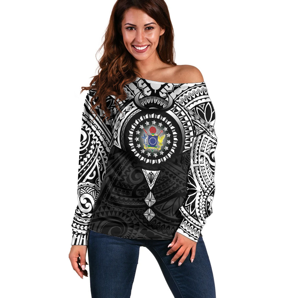 Cook Islands Manta Ray Off Shoulder Sweater Kuki Airani Tattoo Black Color