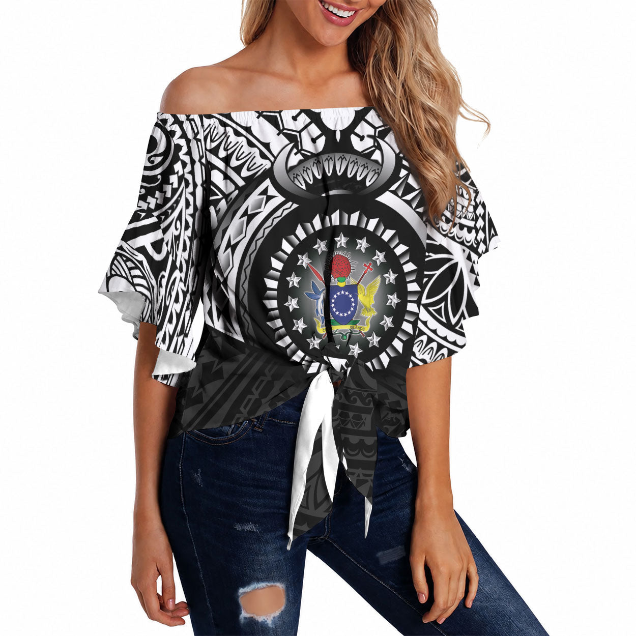 Cook Islands Manta Ray Off Shoulder Wrap Waist Top Kuki Airani Tattoo Black Color
