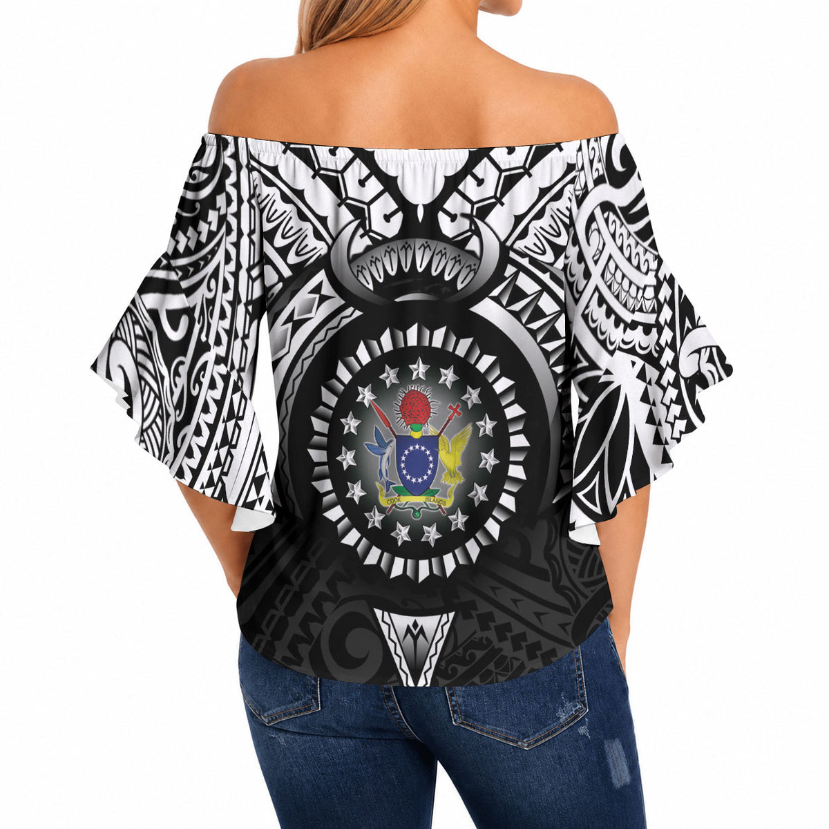 Cook Islands Manta Ray Off Shoulder Wrap Waist Top Kuki Airani Tattoo Black Color LT14 - Polynesian Pride