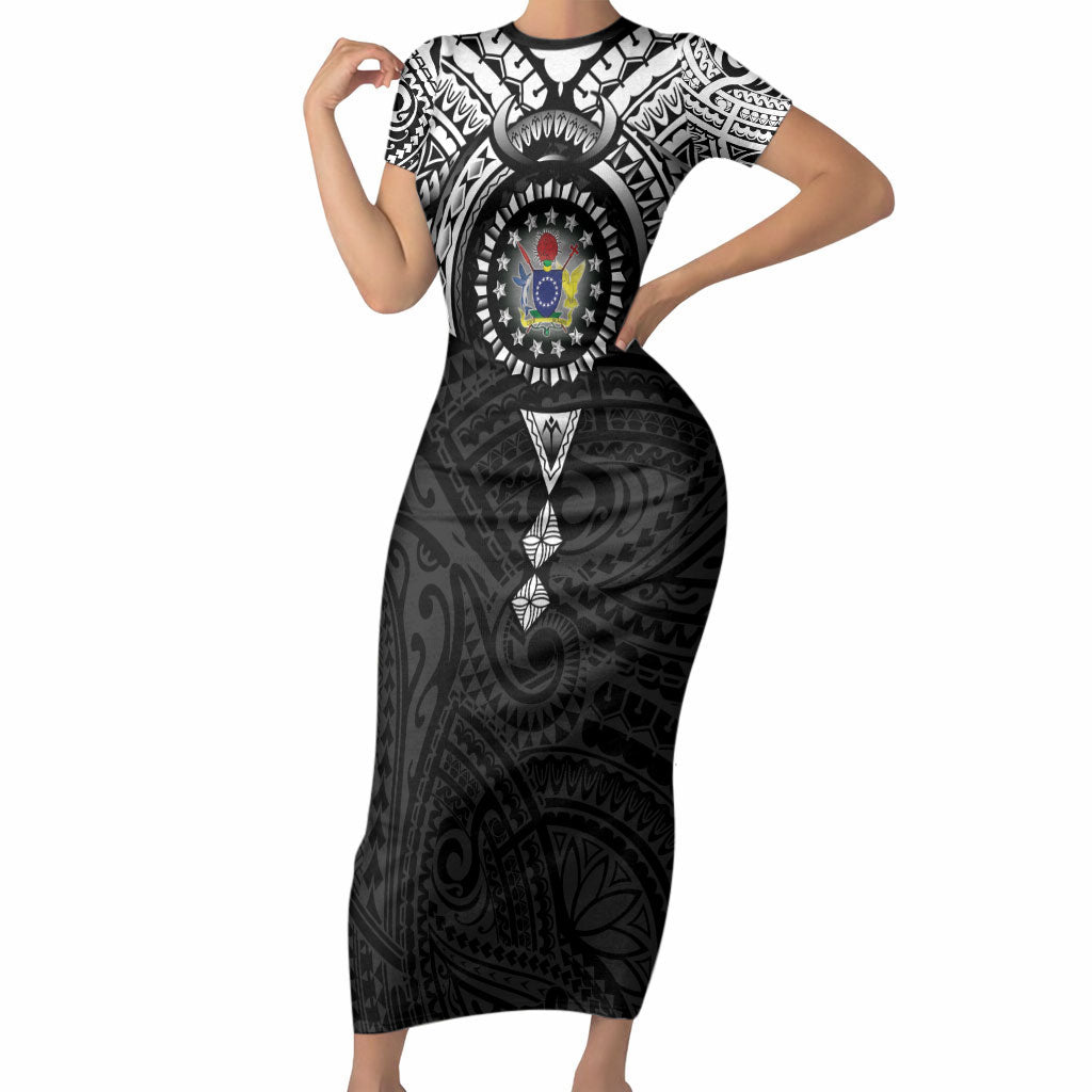 Cook Islands Manta Ray Short Sleeve Bodycon Dress Kuki Airani Tattoo Black Color LT14 Long Dress Black - Polynesian Pride