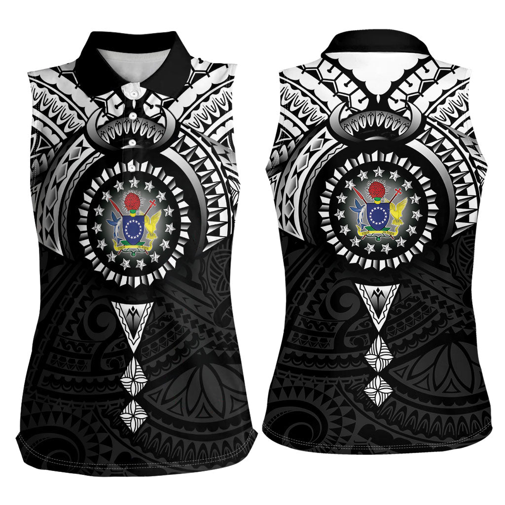 Cook Islands Manta Ray Women Sleeveless Polo Shirt Kuki Airani Tattoo Black Color LT14 - Polynesian Pride