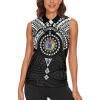 Cook Islands Manta Ray Women Sleeveless Polo Shirt Kuki Airani Tattoo Black Color LT14 - Polynesian Pride