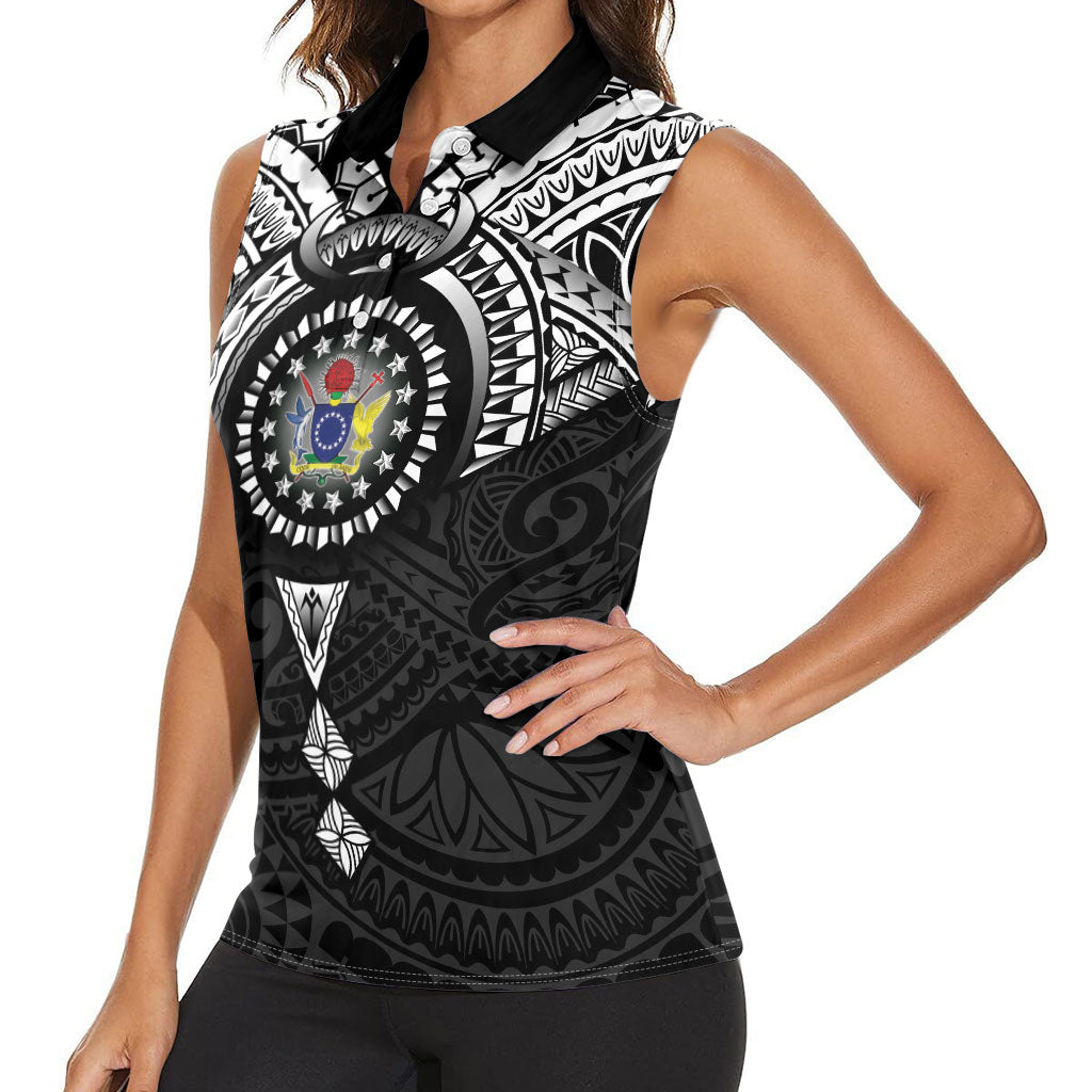 Cook Islands Manta Ray Women Sleeveless Polo Shirt Kuki Airani Tattoo Black Color LT14 - Polynesian Pride