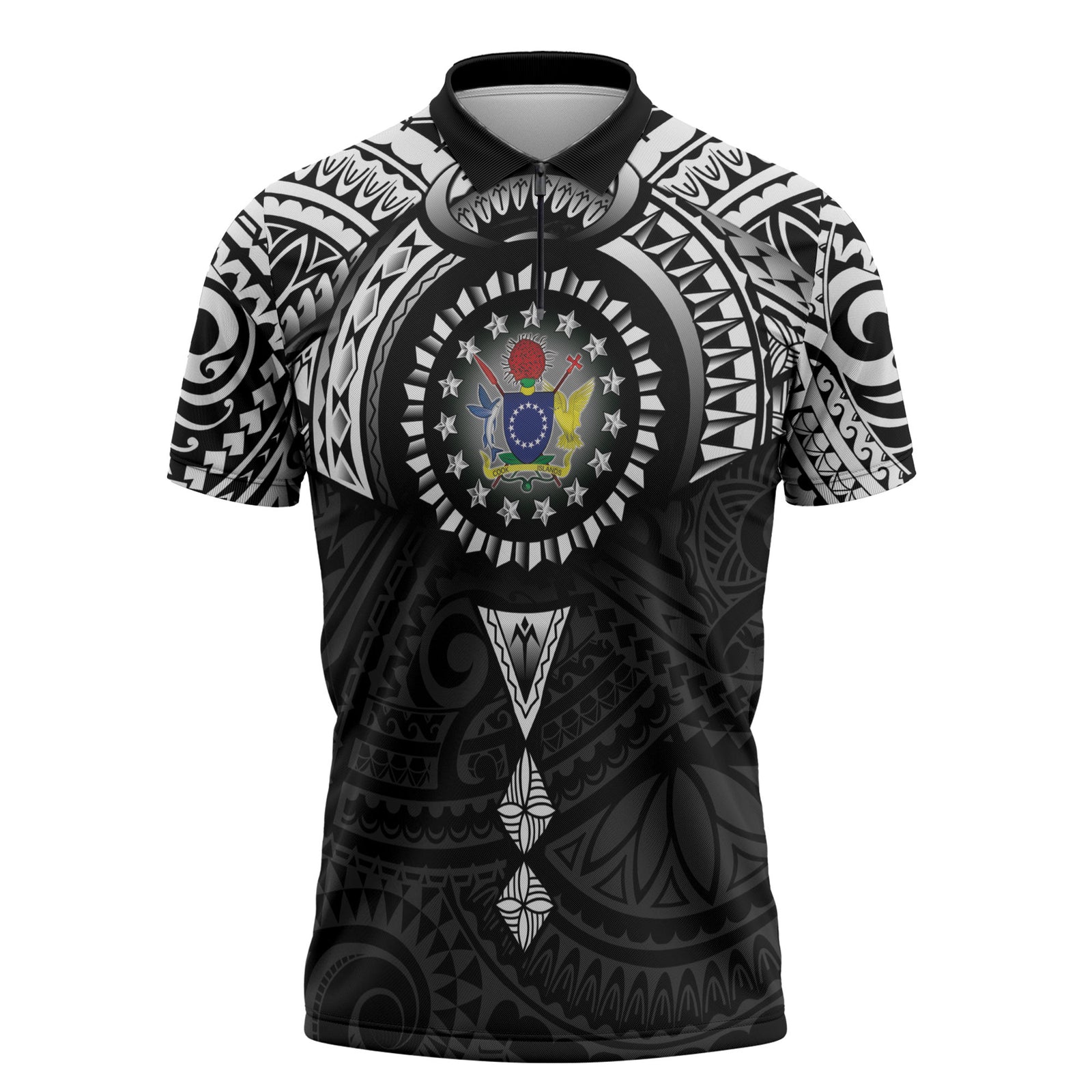 Cook Islands Manta Ray Zipper Polo Shirt Kuki Airani Tattoo Black Color LT14 Black - Polynesian Pride