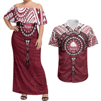 Personalised Cook Islands Mangaia Couples Matching Off Shoulder Maxi Dress and Hawaiian Shirt Map With Kuki Airani Manta Ray Tattoo LT14 Maroon - Polynesian Pride