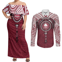 Personalised Cook Islands Mangaia Couples Matching Off Shoulder Maxi Dress and Long Sleeve Button Shirt Map With Kuki Airani Manta Ray Tattoo LT14 Maroon - Polynesian Pride