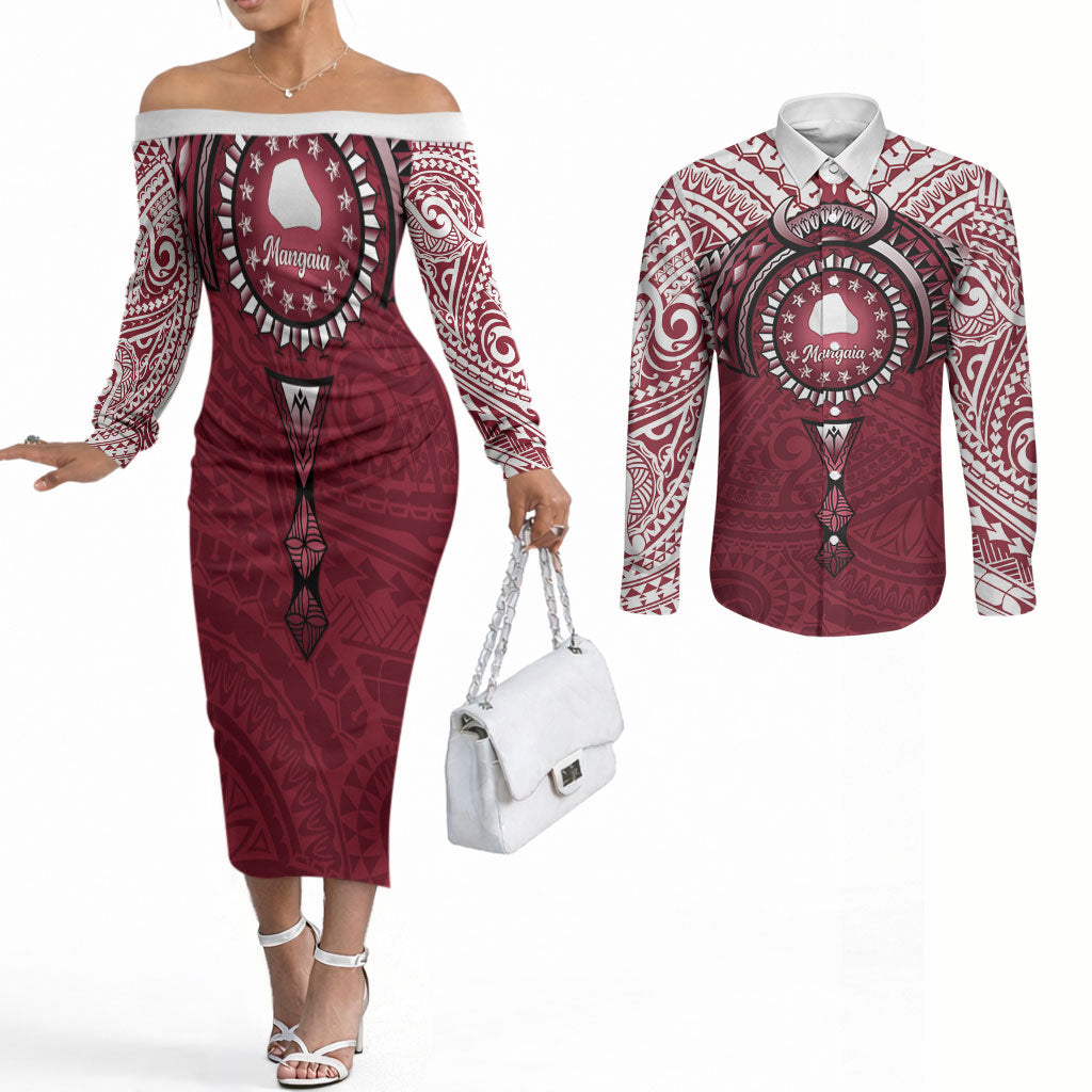 Personalised Cook Islands Mangaia Couples Matching Off The Shoulder Long Sleeve Dress and Long Sleeve Button Shirt Map With Kuki Airani Manta Ray Tattoo
