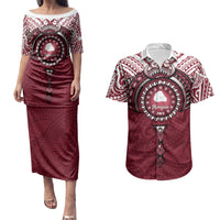 Personalised Cook Islands Mangaia Couples Matching Puletasi and Hawaiian Shirt Map With Kuki Airani Manta Ray Tattoo LT14 Maroon - Polynesian Pride