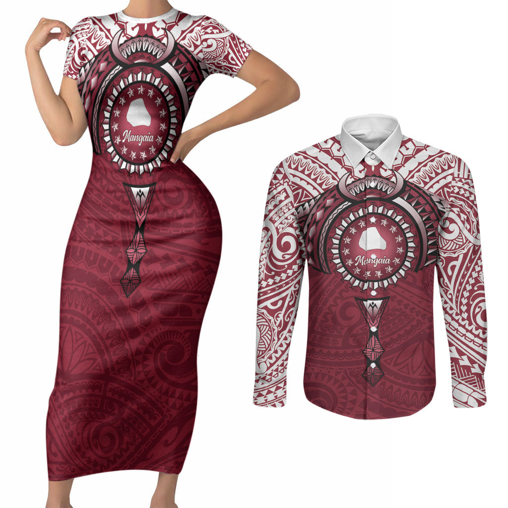 Personalised Cook Islands Mangaia Couples Matching Short Sleeve Bodycon Dress and Long Sleeve Button Shirt Map With Kuki Airani Manta Ray Tattoo LT14 Maroon - Polynesian Pride