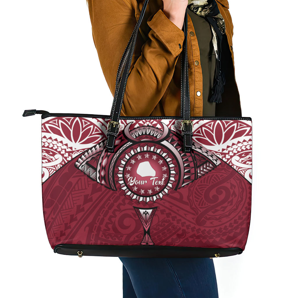 Personalised Cook Islands Mangaia Leather Tote Bag Map With Kuki Airani Manta Ray Tattoo LT14 - Polynesian Pride