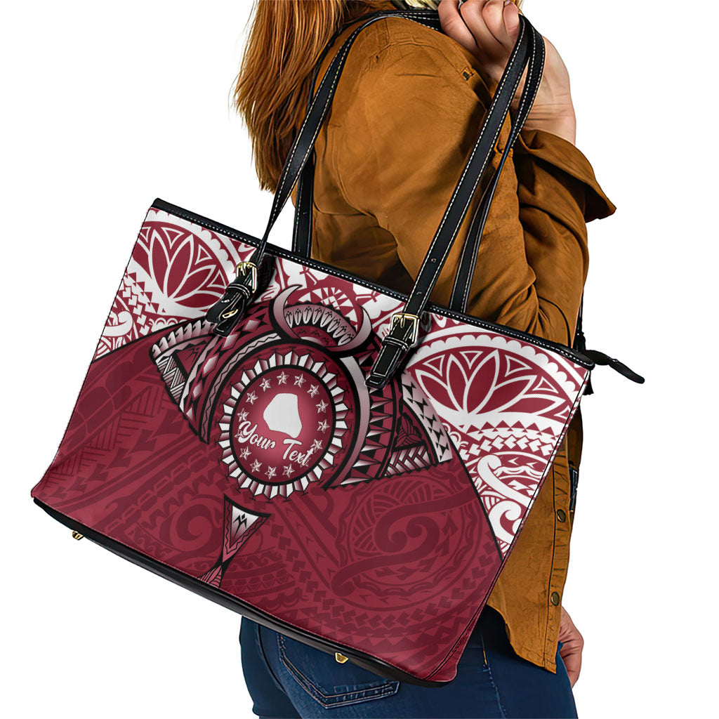 Personalised Cook Islands Mangaia Leather Tote Bag Map With Kuki Airani Manta Ray Tattoo LT14 - Polynesian Pride