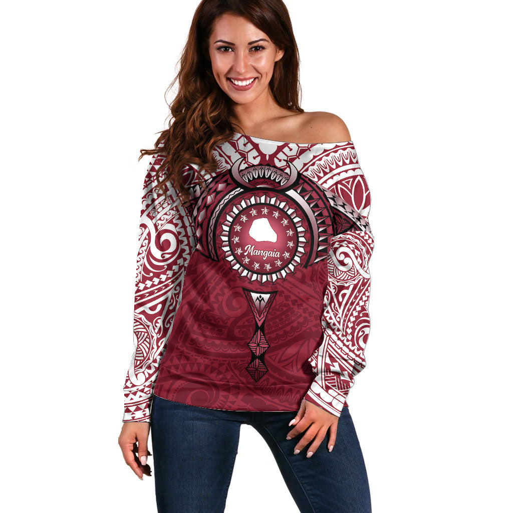 Personalised Cook Islands Mangaia Off Shoulder Sweater Map With Kuki Airani Manta Ray Tattoo