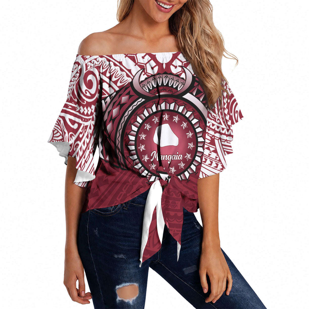 Personalised Cook Islands Mangaia Off Shoulder Wrap Waist Top Map With Kuki Airani Manta Ray Tattoo