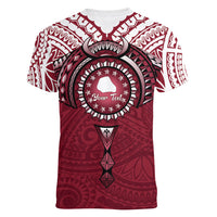 Personalised Cook Islands Mangaia Women V-Neck T-Shirt Map With Kuki Airani Manta Ray Tattoo LT14 - Polynesian Pride