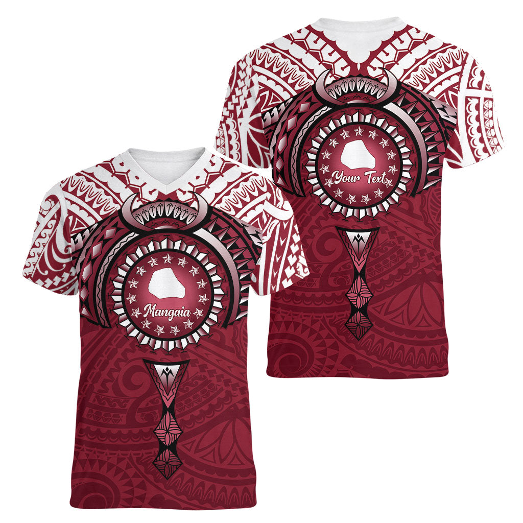 Personalised Cook Islands Mangaia Women V-Neck T-Shirt Map With Kuki Airani Manta Ray Tattoo LT14 - Polynesian Pride