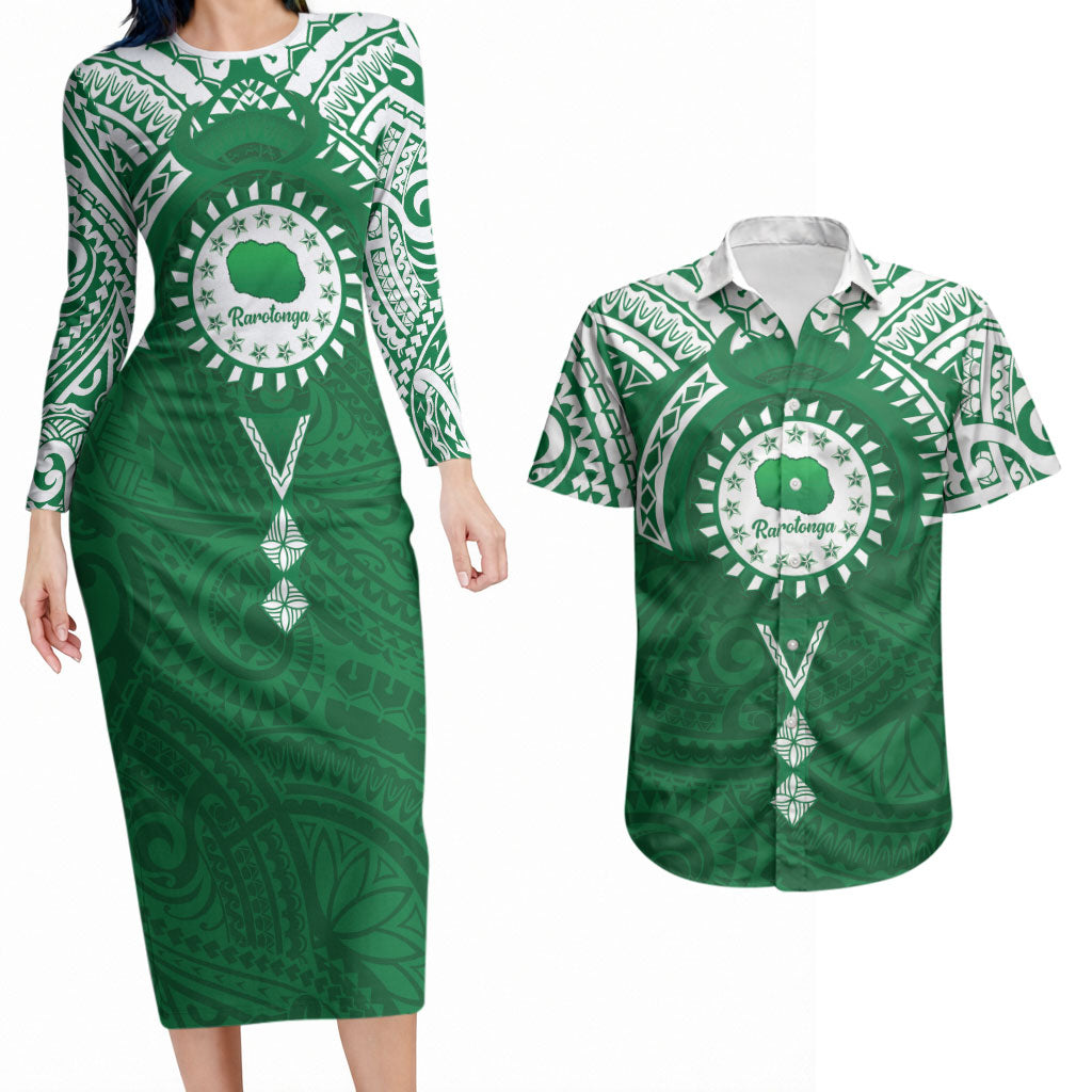 Personalised Cook Islands Rarotonga Couples Matching Long Sleeve Bodycon Dress and Hawaiian Shirt Map With Kuki Airani Manta Ray Tattoo