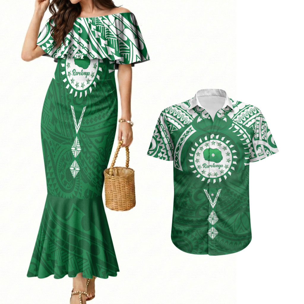 Personalised Cook Islands Rarotonga Couples Matching Mermaid Dress and Hawaiian Shirt Map With Kuki Airani Manta Ray Tattoo