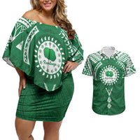 Personalised Cook Islands Rarotonga Couples Matching Off Shoulder Short Dress and Hawaiian Shirt Map With Kuki Airani Manta Ray Tattoo LT14 Green - Polynesian Pride