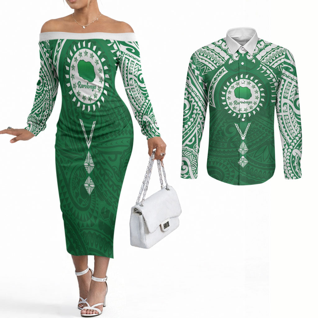 Personalised Cook Islands Rarotonga Couples Matching Off The Shoulder Long Sleeve Dress and Long Sleeve Button Shirt Map With Kuki Airani Manta Ray Tattoo