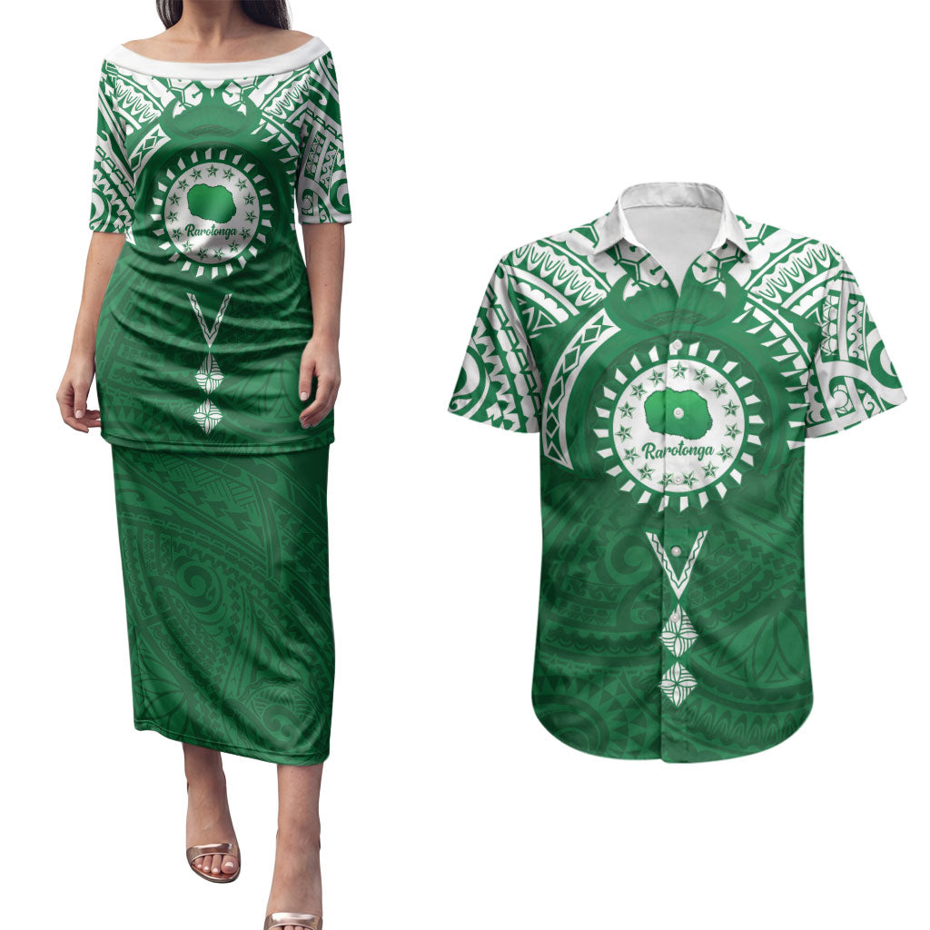 Personalised Cook Islands Rarotonga Couples Matching Puletasi and Hawaiian Shirt Map With Kuki Airani Manta Ray Tattoo