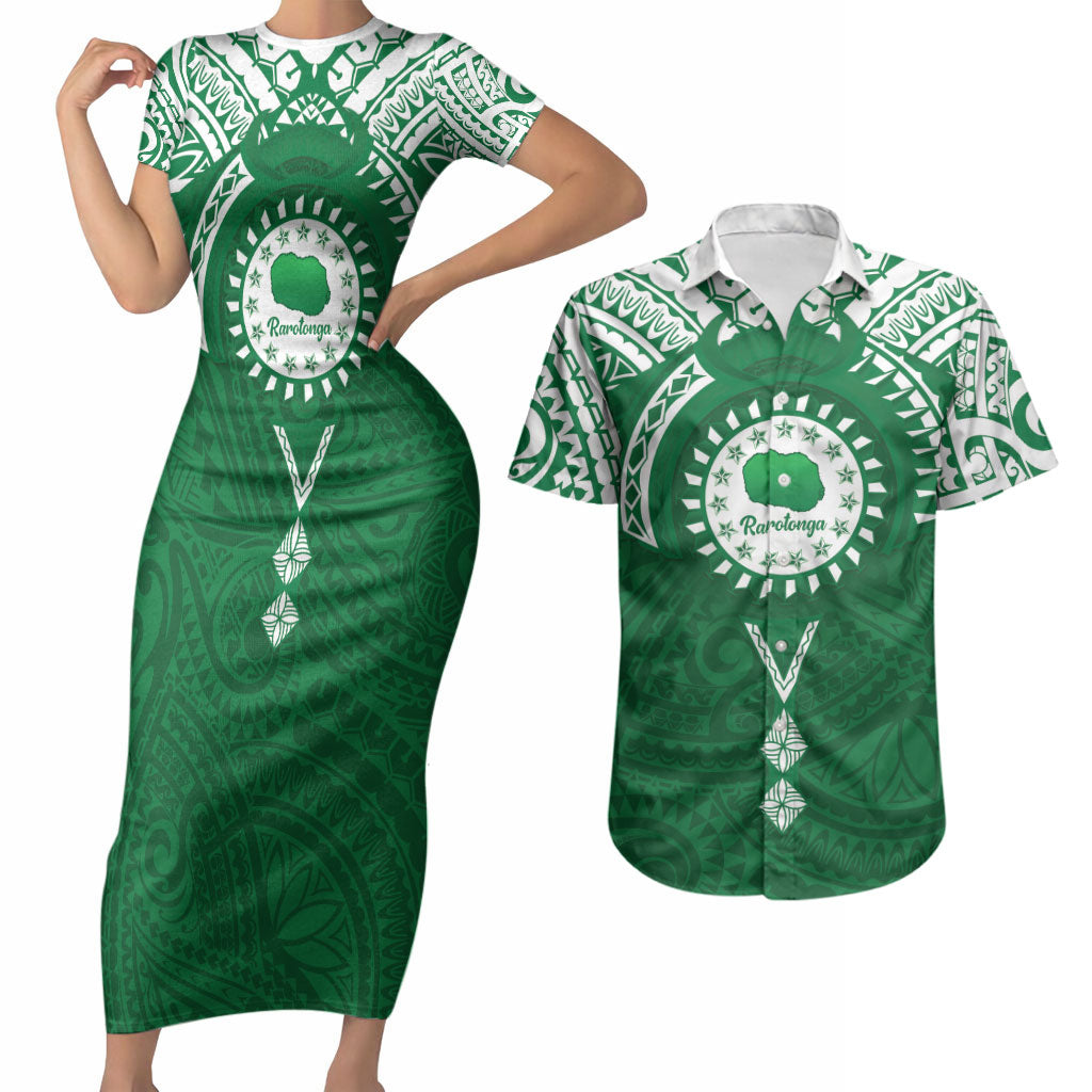 Personalised Cook Islands Rarotonga Couples Matching Short Sleeve Bodycon Dress and Hawaiian Shirt Map With Kuki Airani Manta Ray Tattoo