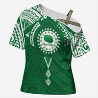 Personalised Cook Islands Rarotonga Cross Shoulder Shirt Map With Kuki Airani Manta Ray Tattoo LT14 Female Green - Polynesian Pride