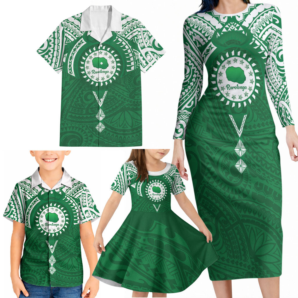 Personalised Cook Islands Rarotonga Family Matching Long Sleeve Bodycon Dress and Hawaiian Shirt Map With Kuki Airani Manta Ray Tattoo