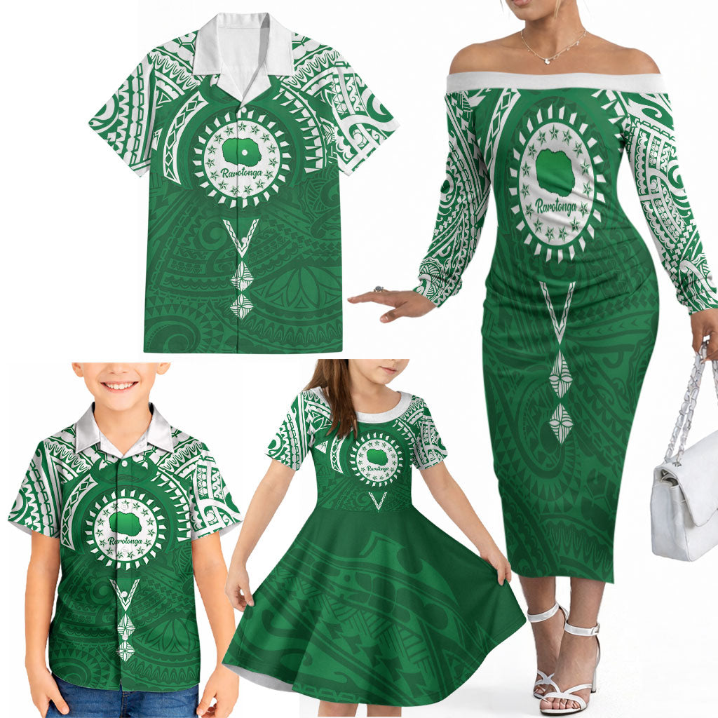 Personalised Cook Islands Rarotonga Family Matching Off The Shoulder Long Sleeve Dress and Hawaiian Shirt Map With Kuki Airani Manta Ray Tattoo