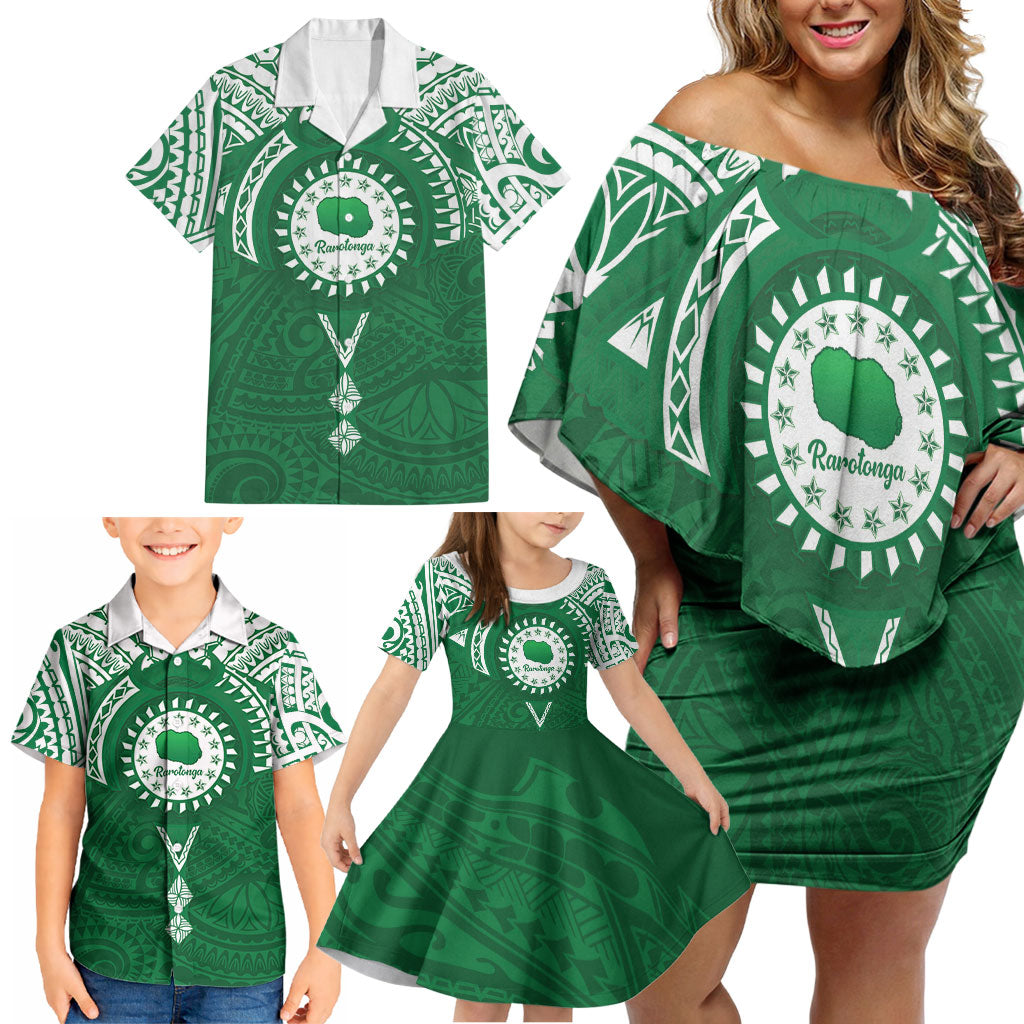 Personalised Cook Islands Rarotonga Family Matching Off Shoulder Short Dress and Hawaiian Shirt Map With Kuki Airani Manta Ray Tattoo