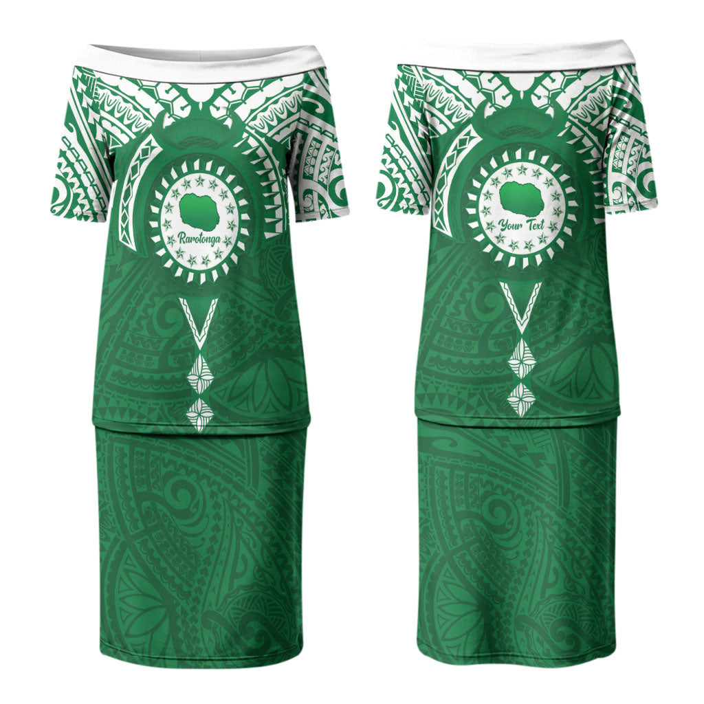 Personalised Cook Islands Rarotonga Family Matching Puletasi and Hawaiian Shirt Map With Kuki Airani Manta Ray Tattoo LT14 Mom's Dress Green - Polynesian Pride