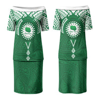 Personalised Cook Islands Rarotonga Family Matching Puletasi and Hawaiian Shirt Map With Kuki Airani Manta Ray Tattoo LT14 Mom's Dress Green - Polynesian Pride