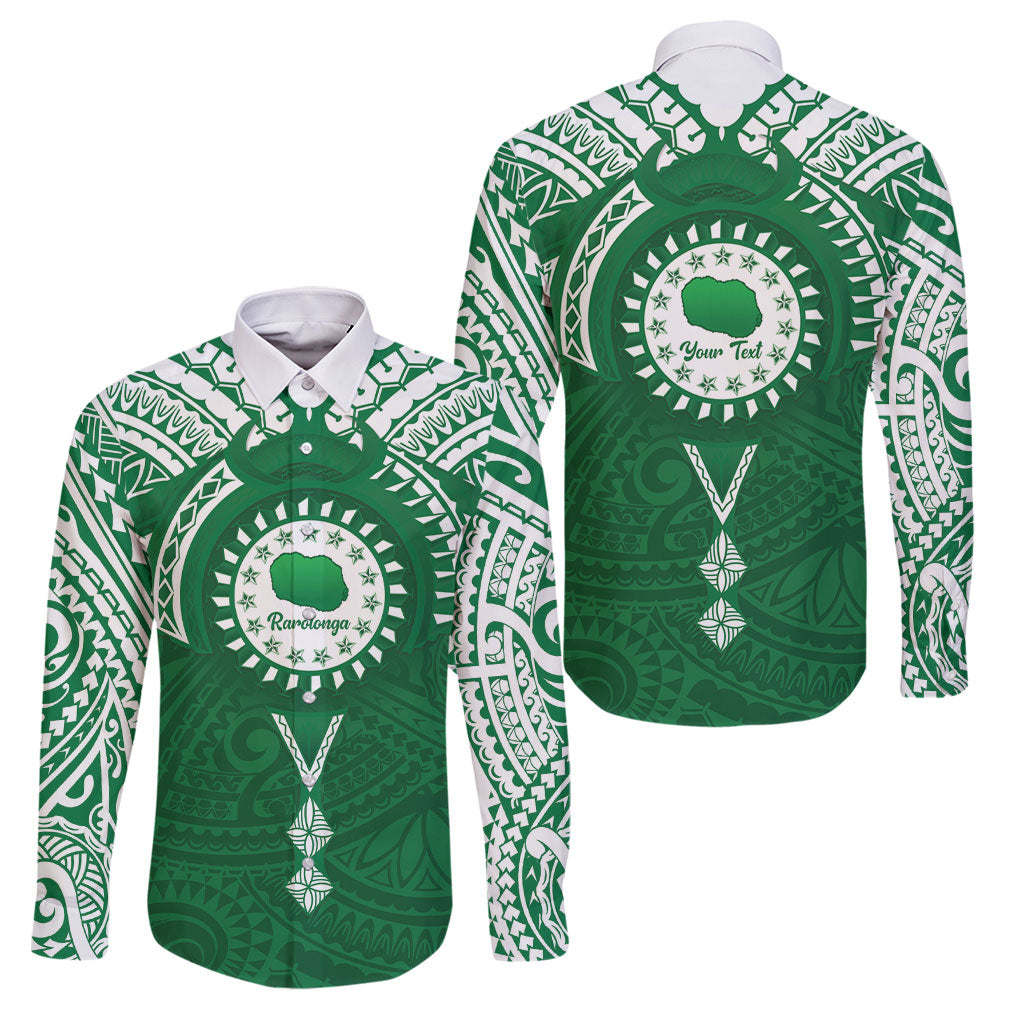 Personalised Cook Islands Rarotonga Family Matching Puletasi and Hawaiian Shirt Map With Kuki Airani Manta Ray Tattoo LT14 Dad's Shirt - Long Sleeve Green - Polynesian Pride