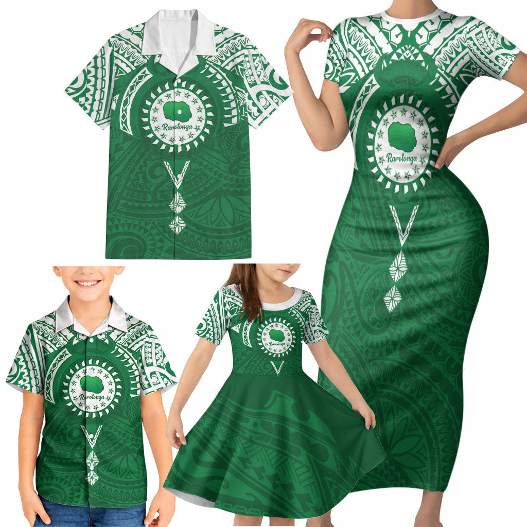 Personalised Cook Islands Rarotonga Family Matching Short Sleeve Bodycon Dress and Hawaiian Shirt Map With Kuki Airani Manta Ray Tattoo