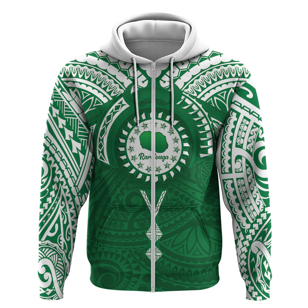 Personalised Cook Islands Rarotonga Hoodie Map With Kuki Airani Manta Ray Tattoo LT14 Zip Hoodie Green - Polynesian Pride