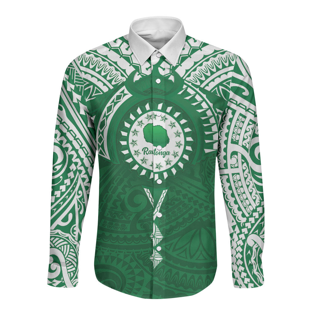 Personalised Cook Islands Rarotonga Long Sleeve Button Shirt Map With Kuki Airani Manta Ray Tattoo LT14 Unisex Green - Polynesian Pride