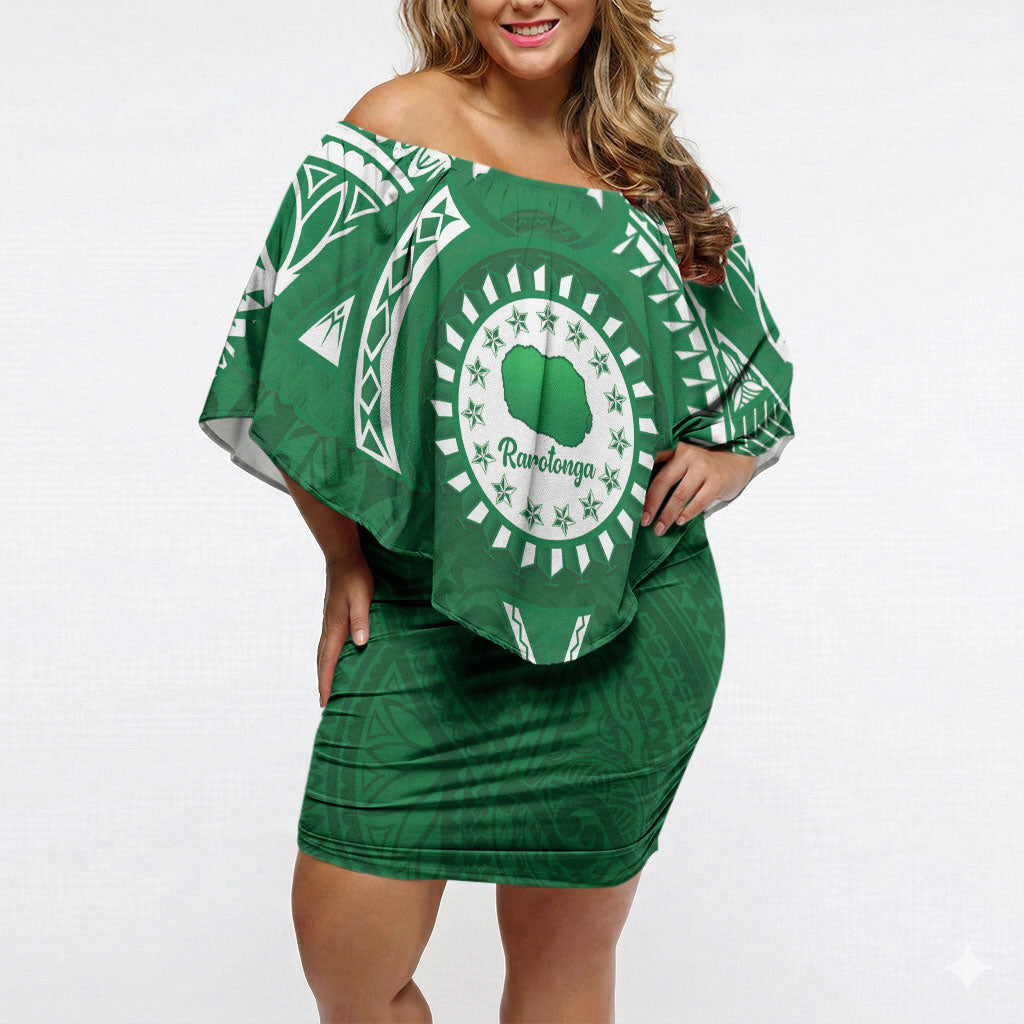 Personalised Cook Islands Rarotonga Off Shoulder Short Dress Map With Kuki Airani Manta Ray Tattoo