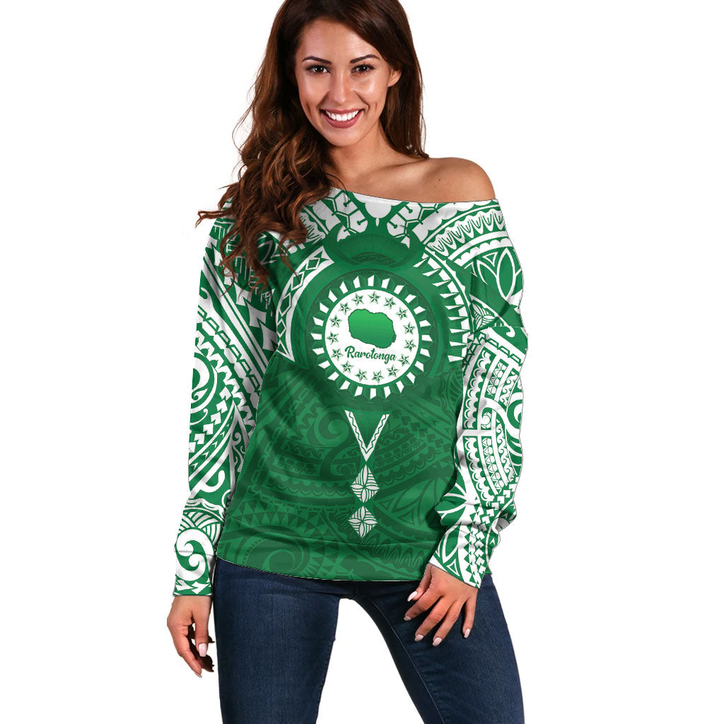 Personalised Cook Islands Rarotonga Off Shoulder Sweater Map With Kuki Airani Manta Ray Tattoo