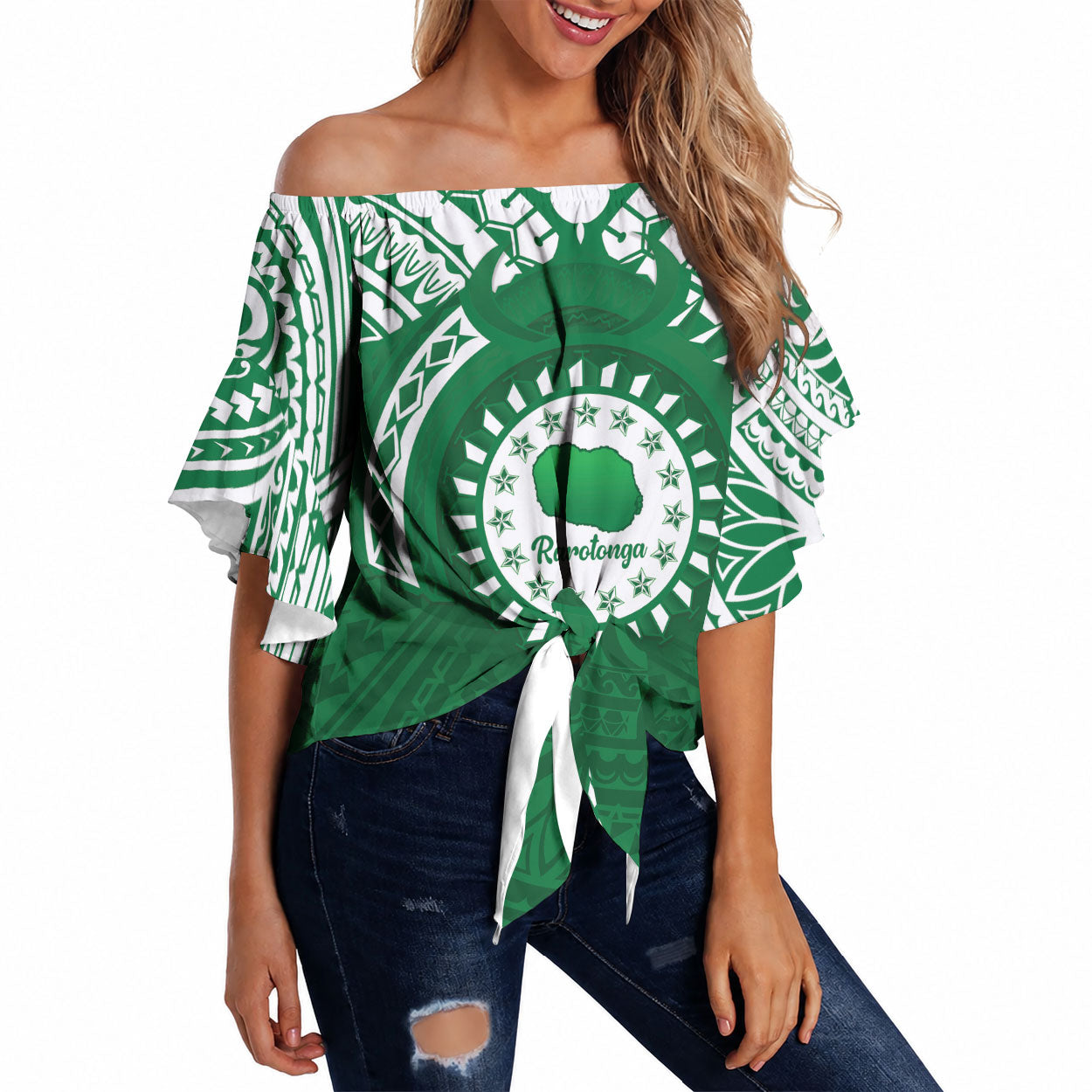 Personalised Cook Islands Rarotonga Off Shoulder Wrap Waist Top Map With Kuki Airani Manta Ray Tattoo