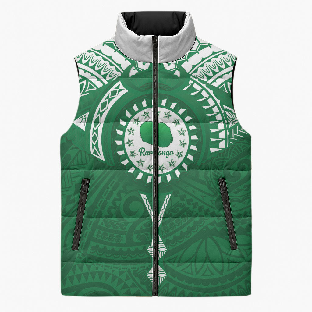 Personalised Cook Islands Rarotonga Sleeveless Puffer Jacket Map With Kuki Airani Manta Ray Tattoo LT14 Unisex Green - Polynesian Pride