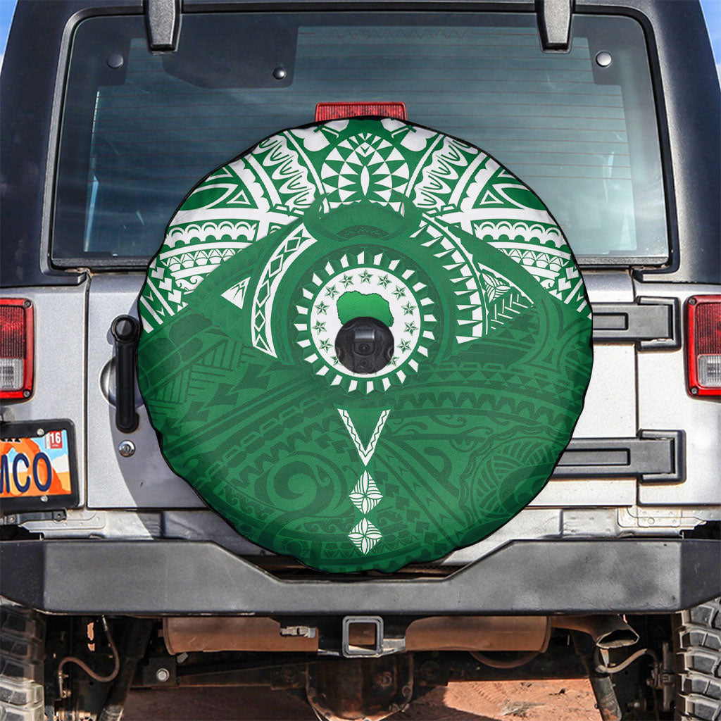 Personalised Cook Islands Rarotonga Spare Tire Cover Map With Kuki Airani Manta Ray Tattoo LT14 Green - Polynesian Pride